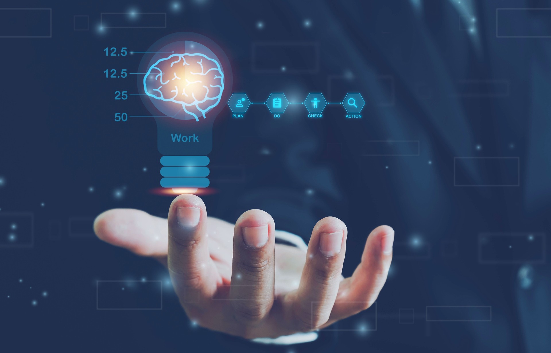 Empresário que detém metade da lâmpada virtual e cérebro em fundo bokeh azul, ideia de pensamento inteligente e conceito de inovação de inspiração. ideias de pensamento criativo e conceito de inovação.