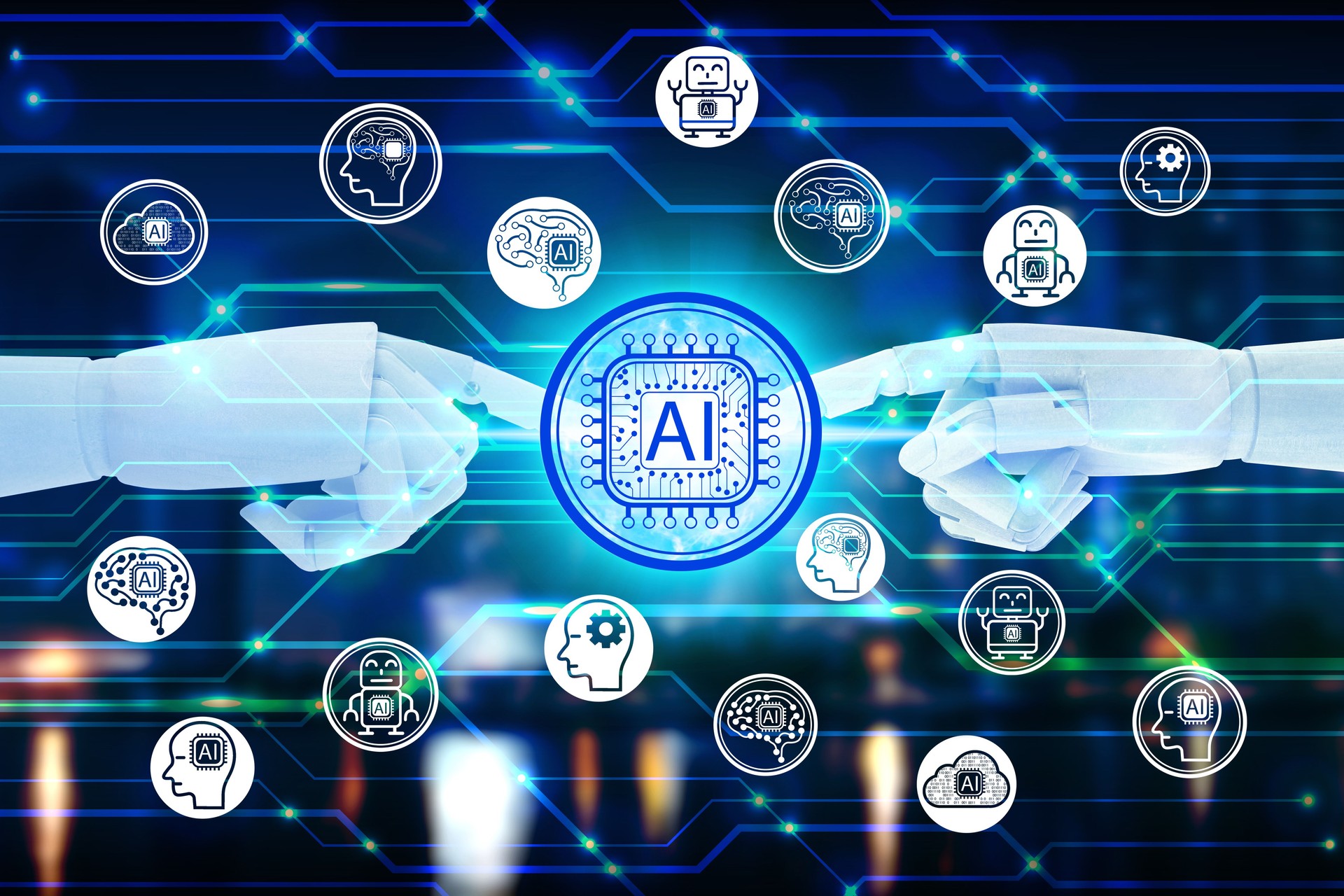Tela virtual tocante da mão do robô ícone da tecnologia da inteligência artificial sobre a conexão de rede, conceito da tecnologia da inteligência artificial.